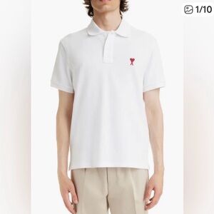 Ami Classic White Polo with Red Heart Emblem